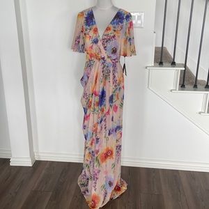 Adrianna Papell Pink Floral Printed Chiffon Gown